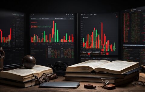 Leonardo_Diffusion_XL_stock_market_books_dark_theme_wallpaper_0